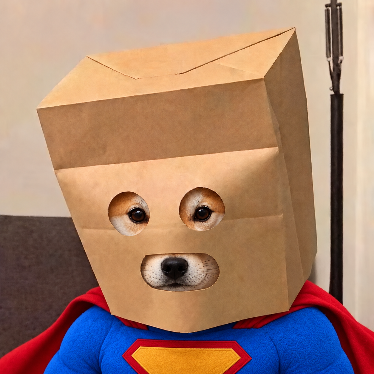 Super Anoninu wearing a paper bag and a superhero costume